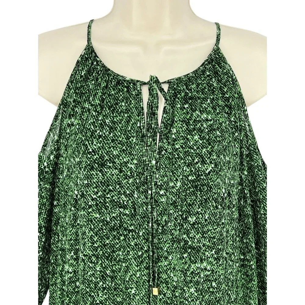 Michael Kors Cold Shoulder Dress Green Snake Print‎ L/S Chiffon Pleated Size L